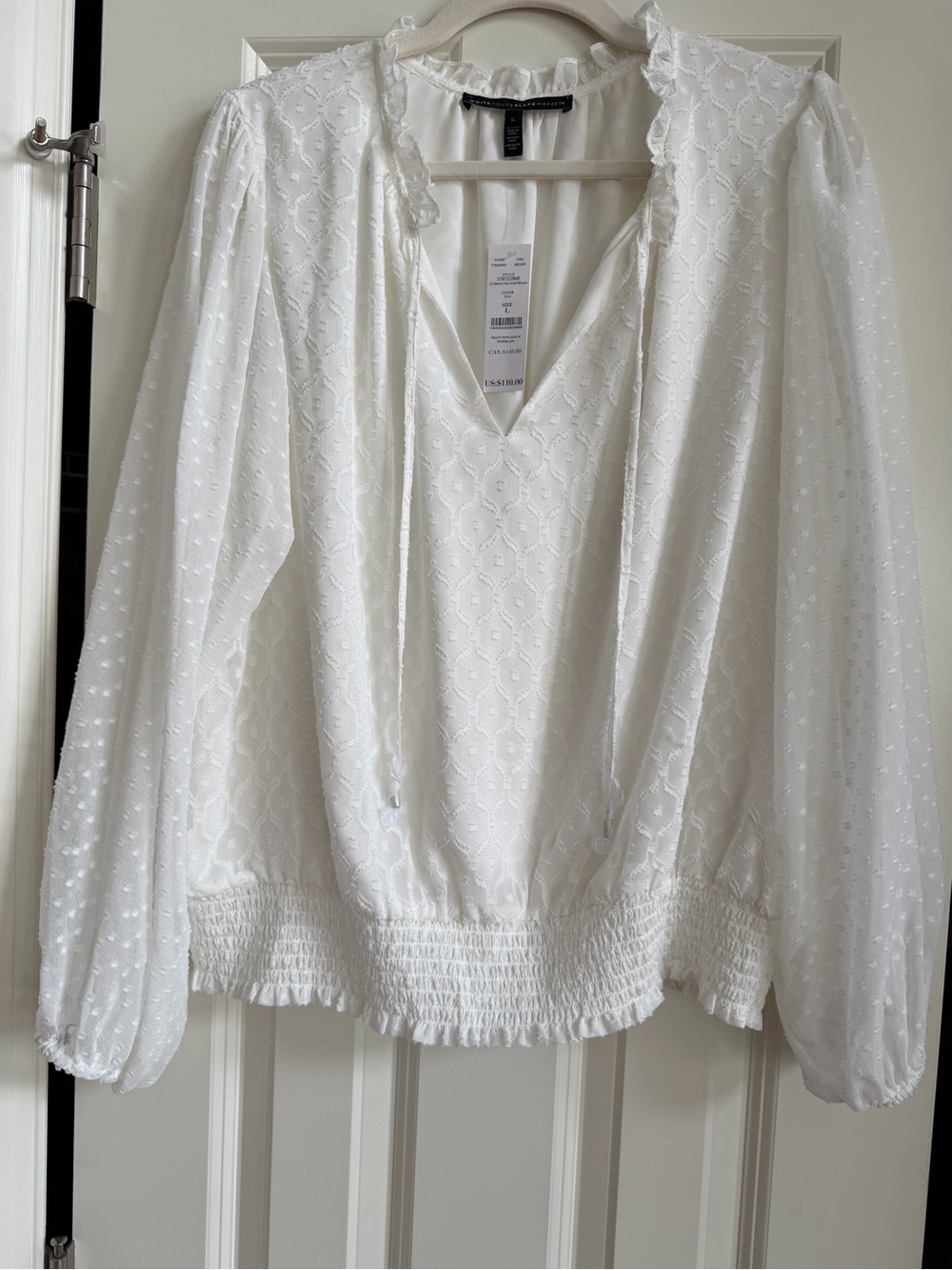 NWT White House Black Market Ecru Clip Dot Smocked Blouse Size L Peasant Ruffle